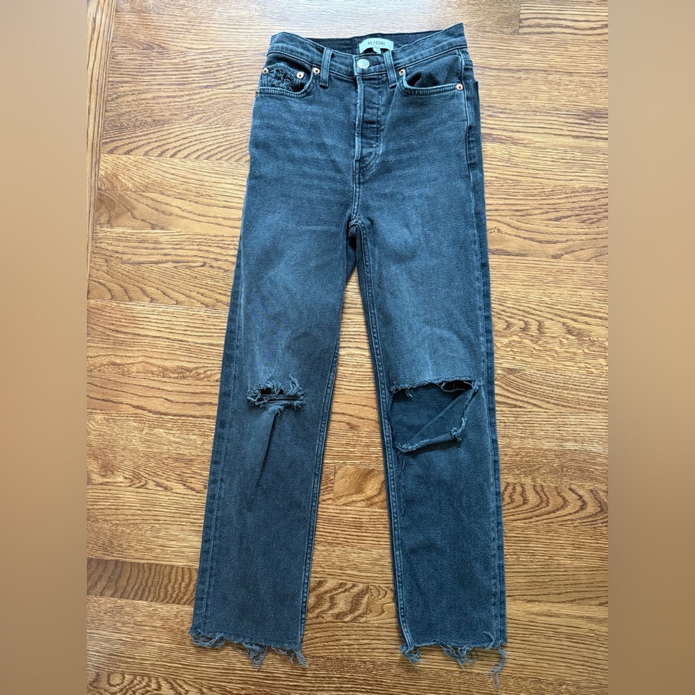 RE/DONE Originals 70s Stovepipe Denim Jeans Grunge Faded Coal Rips Distressed 24